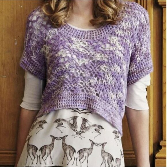 Augden 100% Alpaca Purple Pink Handmade Crochet Knit Crop Short Sleeve Sweater - Picture 1 of 11